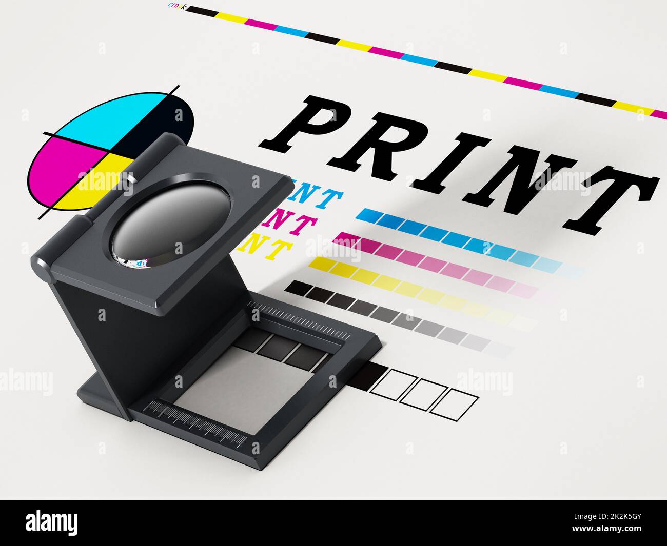 Printing loupe standing on colour test paper. 3D illustration Stock ...