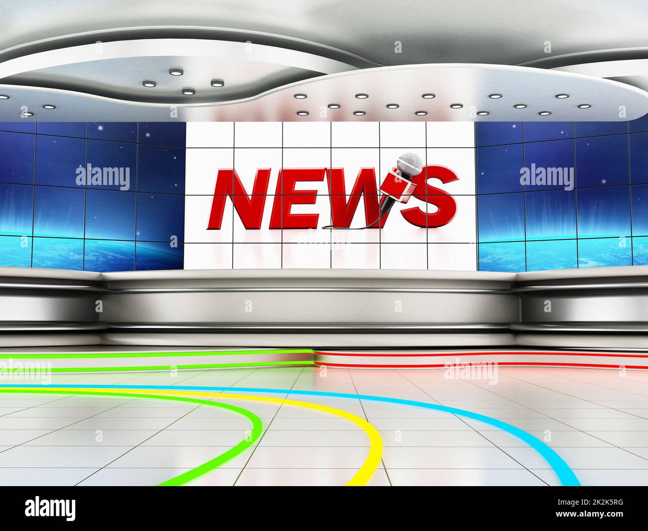 Modern news studio with large TV screens. 3D illustration Stock Photo