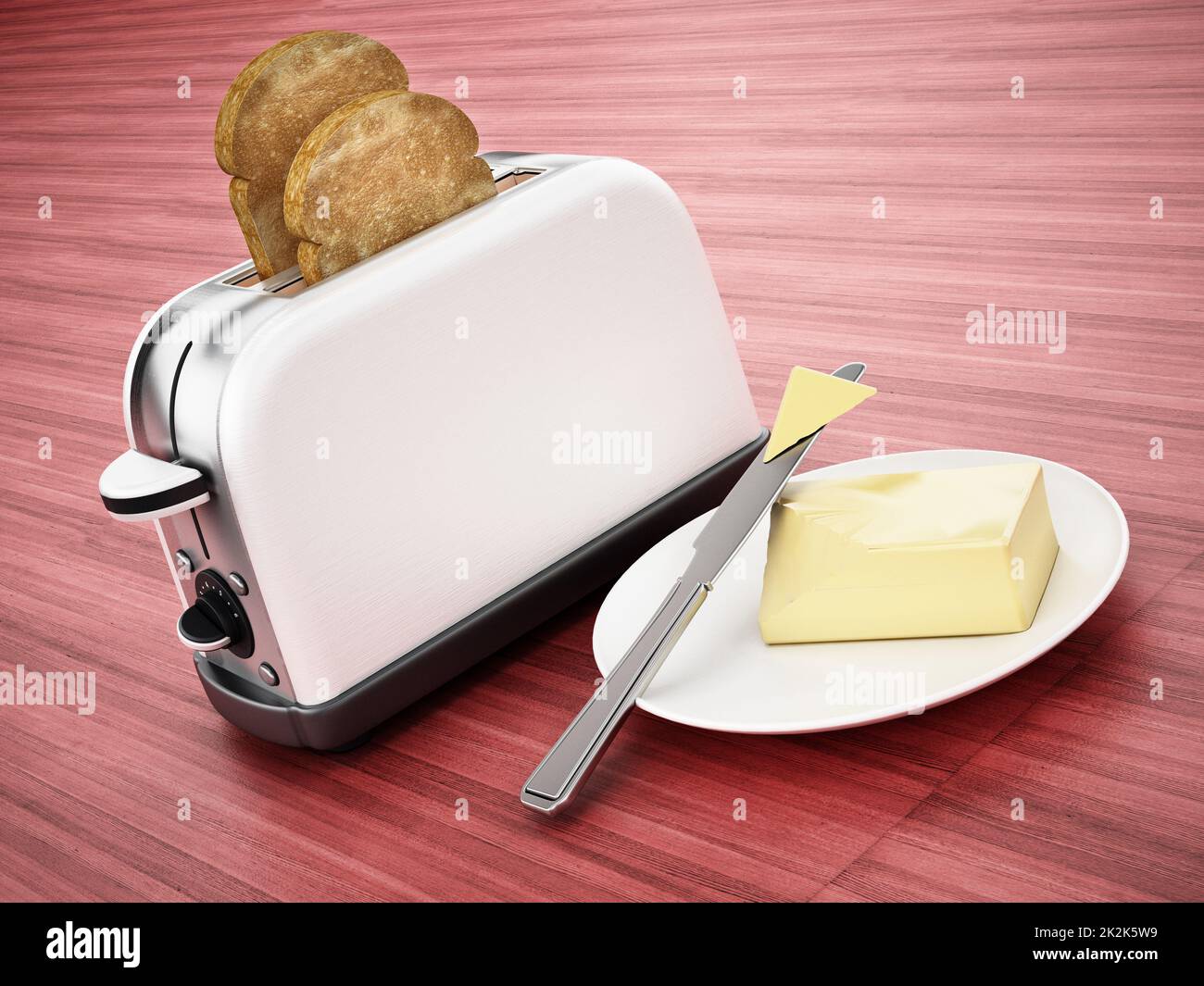 Butter and knife beside toaster and grilled bread. 3D illustration