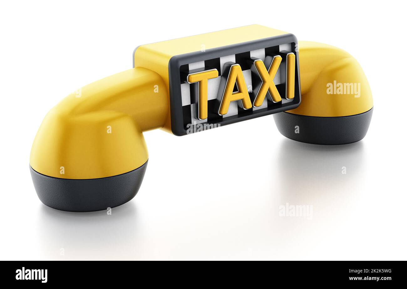 Yellow phone receiver with taxi sign on checkers pattern Stock Photo