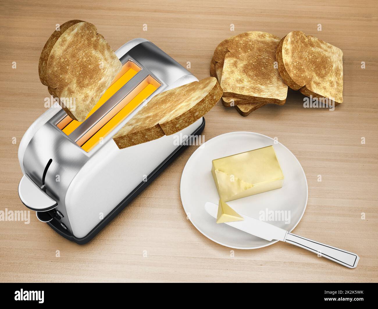 Butter and knife beside toaster and grilled bread. 3D illustration