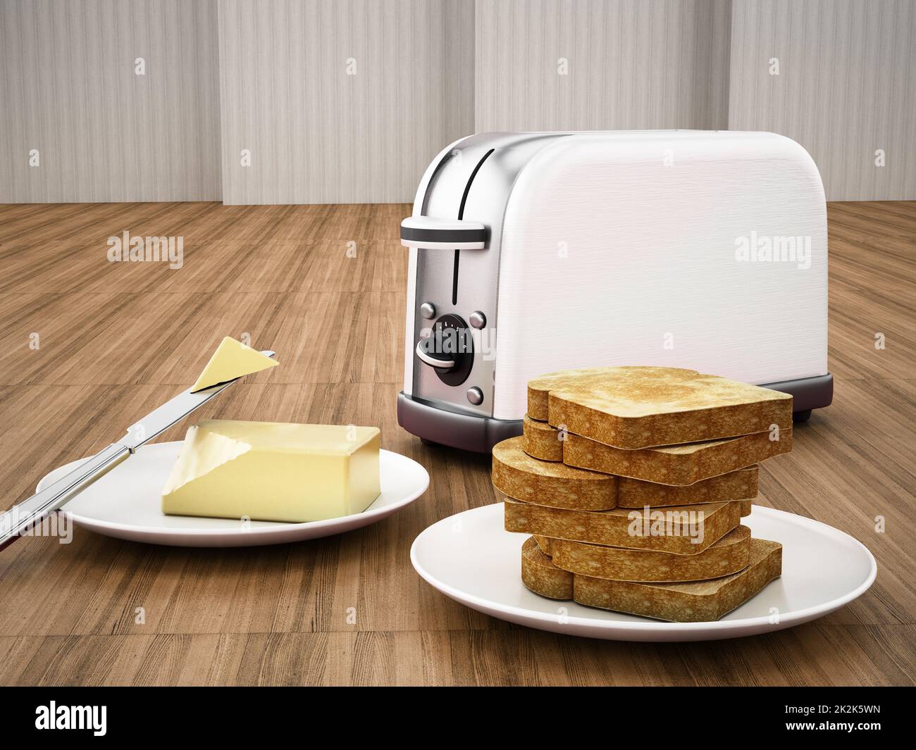 Butter and knife beside toaster and grilled bread. 3D illustration
