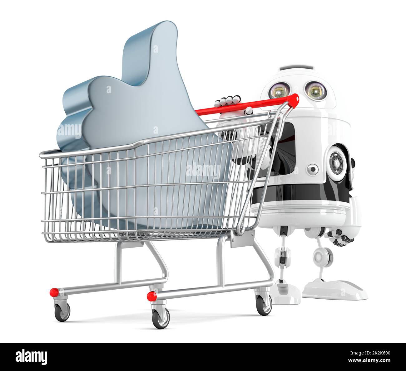 Robot with shopping cart and LIKE symbol. Isolated. Contains clipping