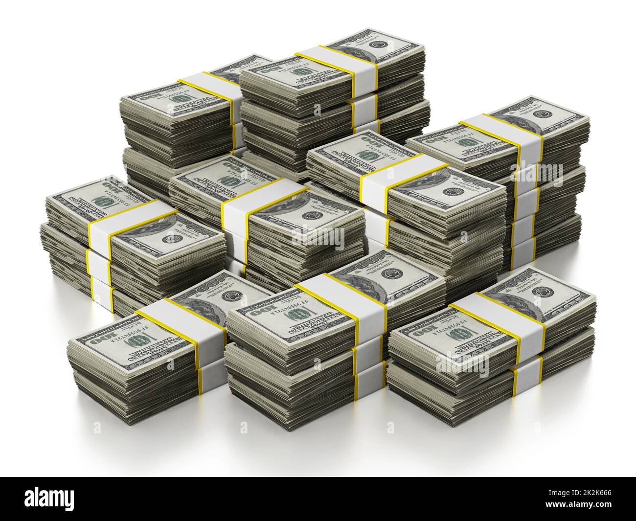 100 Dollar lots stack isolated on white background. 3D illustration Stock Photo