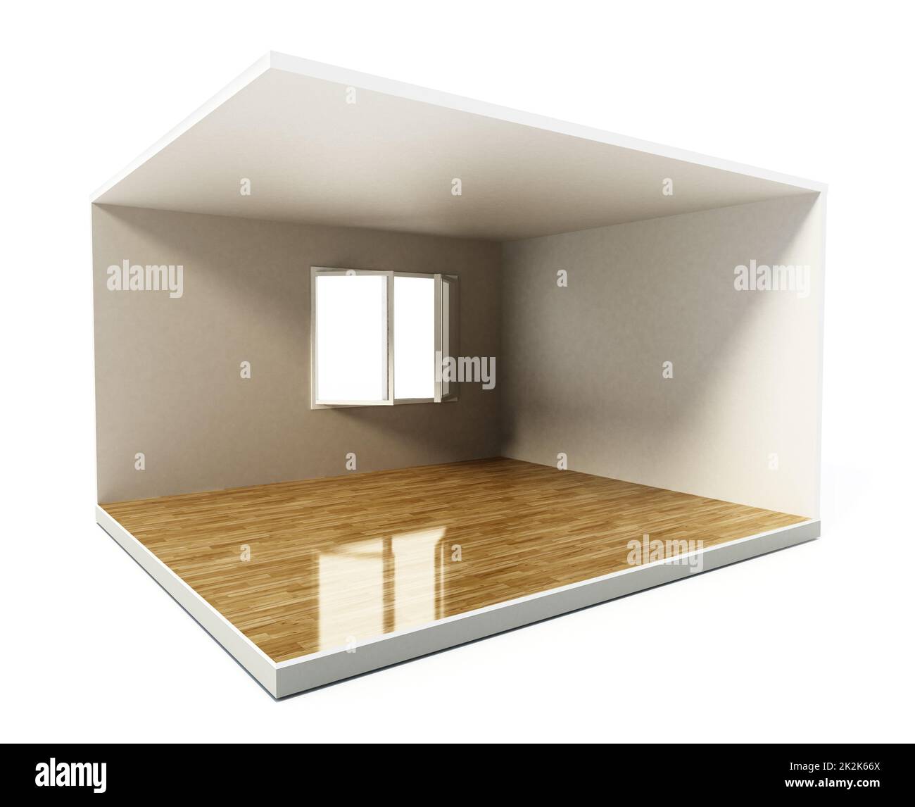 Empty room with white walls and hardwood floor. 3D illustration Stock Photo