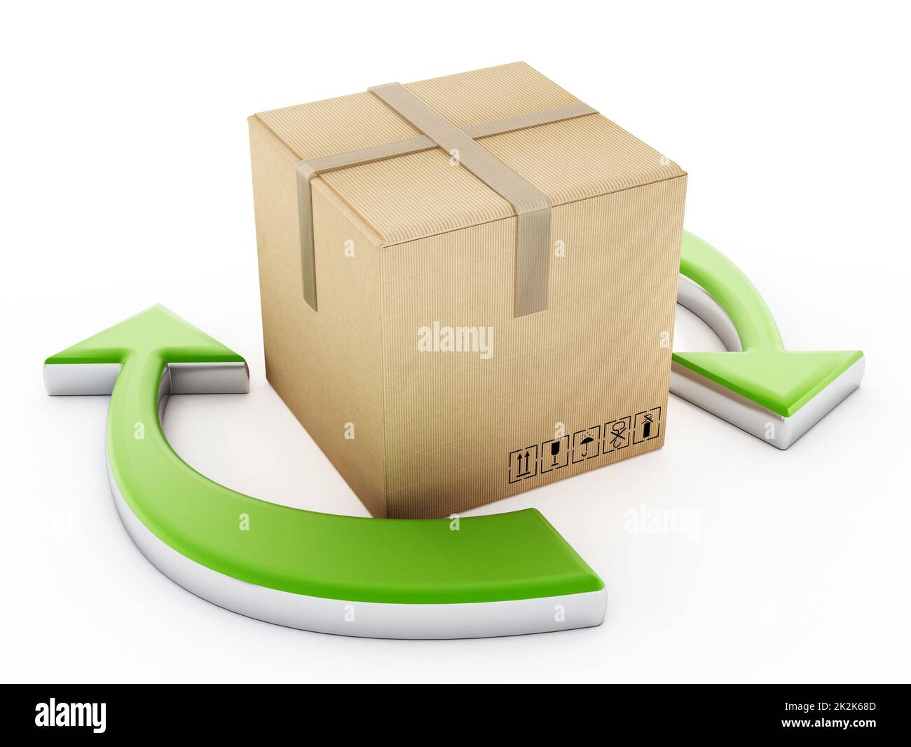 Cardboard box standing among the recycle arrows. 3D illustration Stock Photo