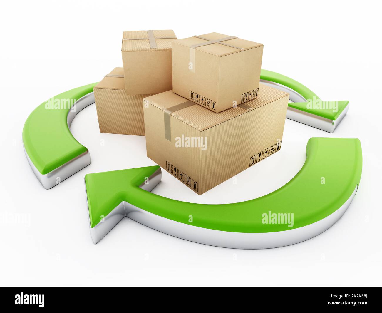 Cardboard box standing among the recycle arrows. 3D illustration Stock Photo