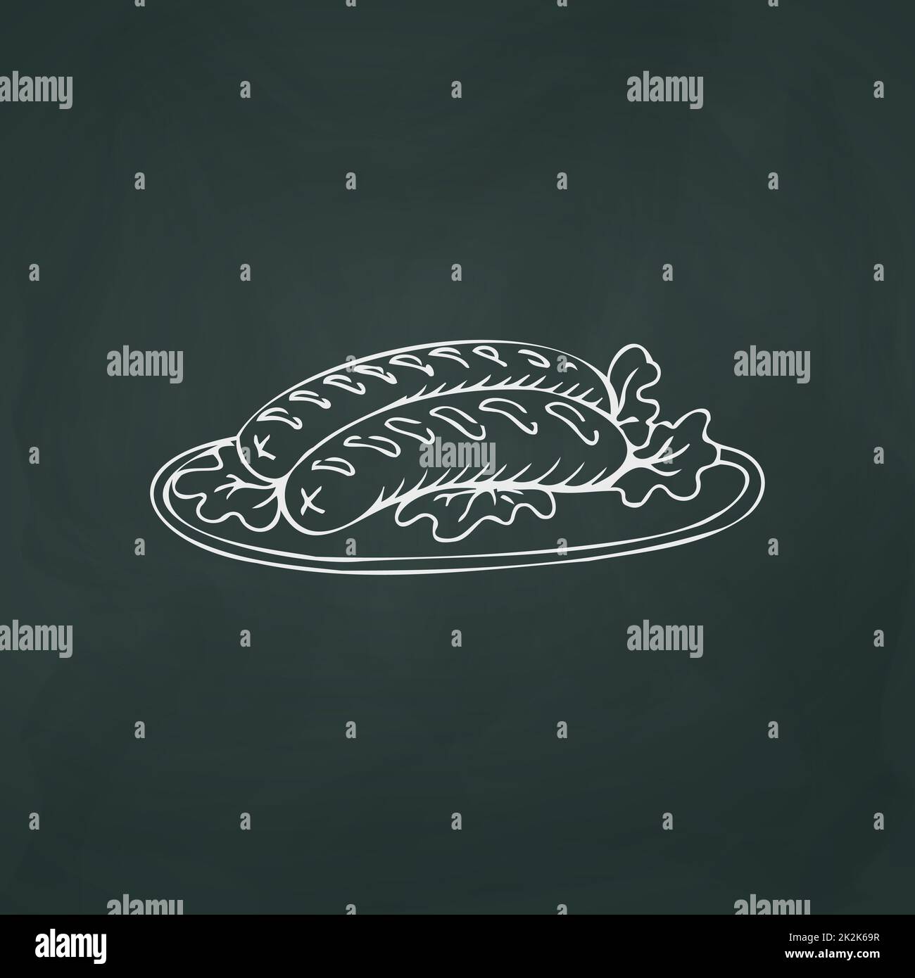 Cooked sausages thin white lines on a textural dark background - Vector Stock Photo