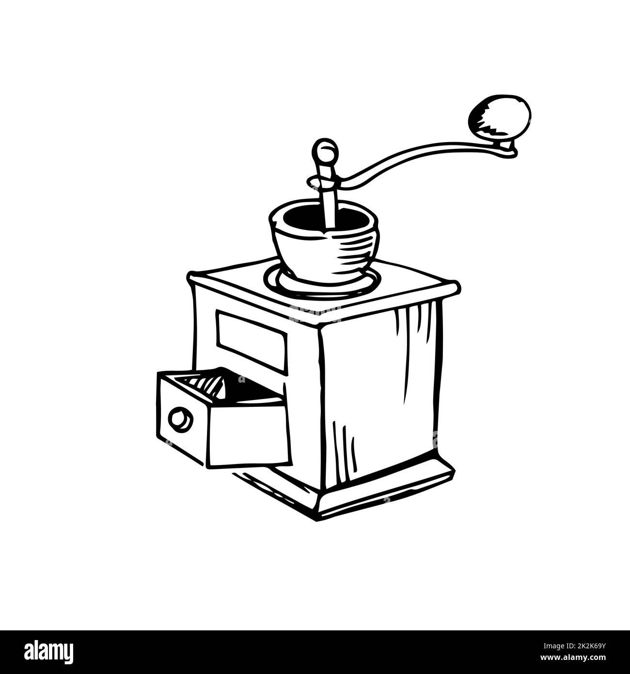 Manual coffee grinder thin black lines on a white background - Vector Stock Photo