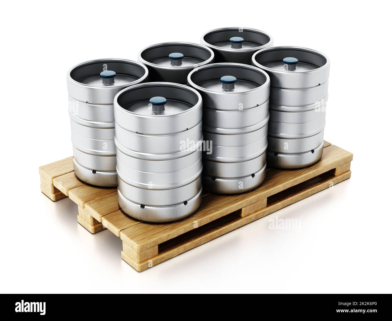 Stack of metal beer kegs standing on wooden pallette. 3D illustration Stock Photo