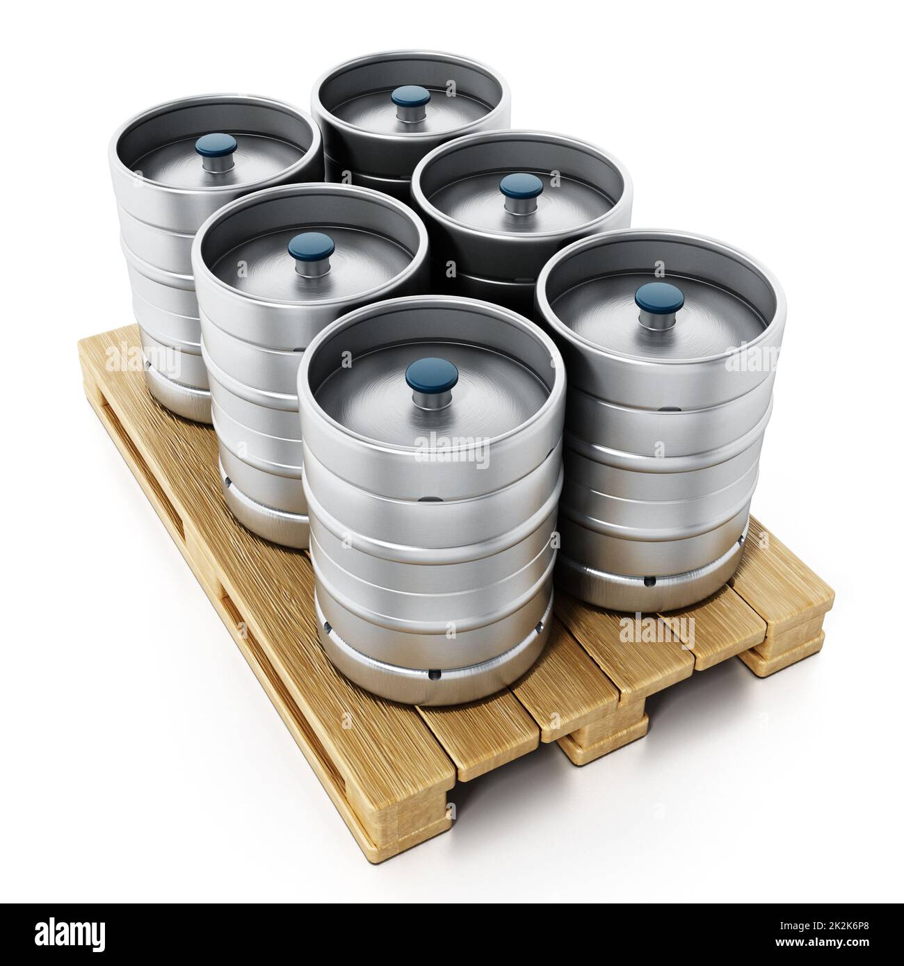 Stack of metal beer kegs standing on wooden pallette. 3D illustration Stock Photo