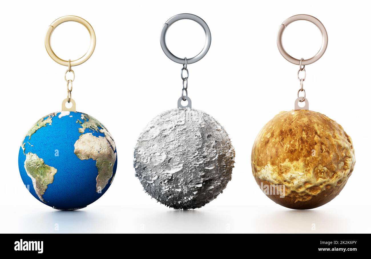 3D Earth, Moon and Mars connected to keychain. 3D illustration Stock ...
