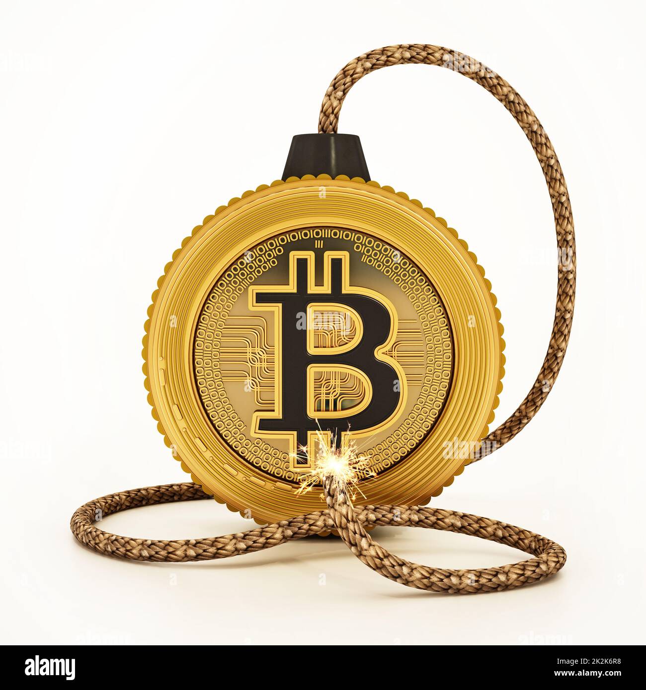 Bitcoin bomb with burning fuse. 3D illustration Stock Photo