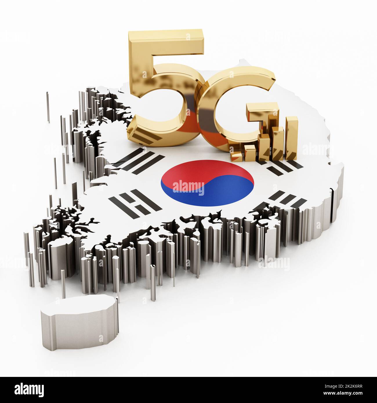 5G word standing on South Korea map and flag. 3D illustration Stock Photo
