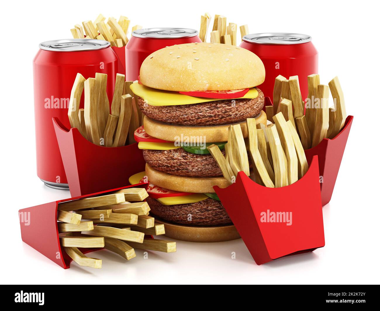 Triple sized hamburger, french fries and soda. 3D illustration Stock Photo