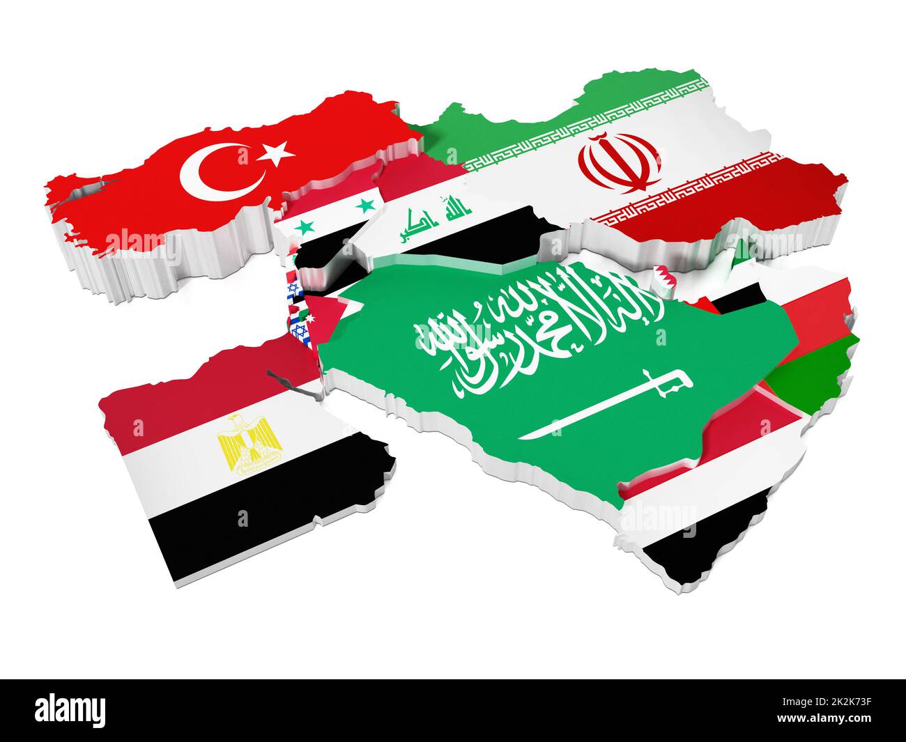 Middle East countries covered with country flags. 3D illustration Stock