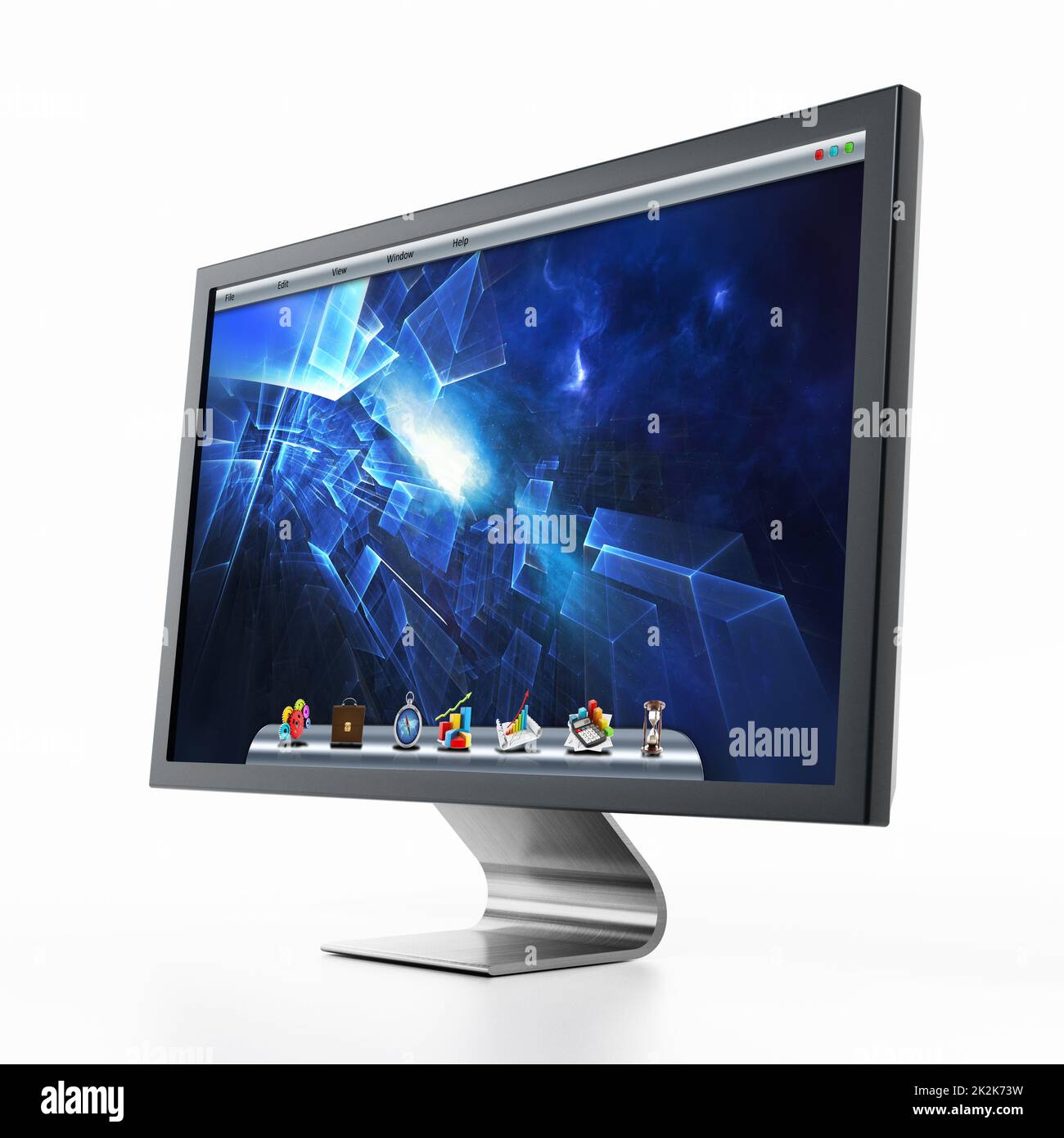 Computer monitor with blue desktop wallpaper. 3D illustration Stock Photo