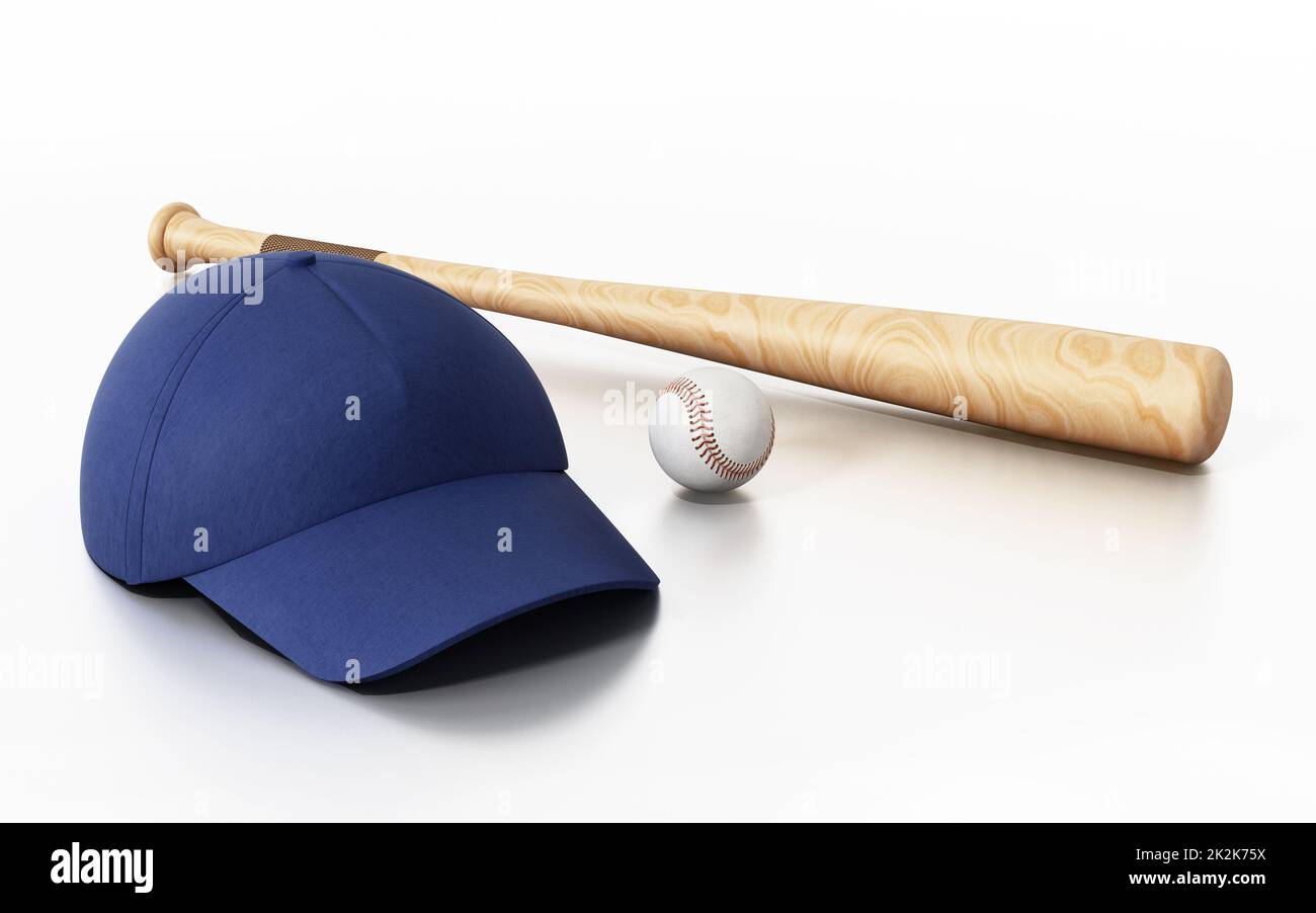 Baseball cap, ball and bat isolated on white background. 3D