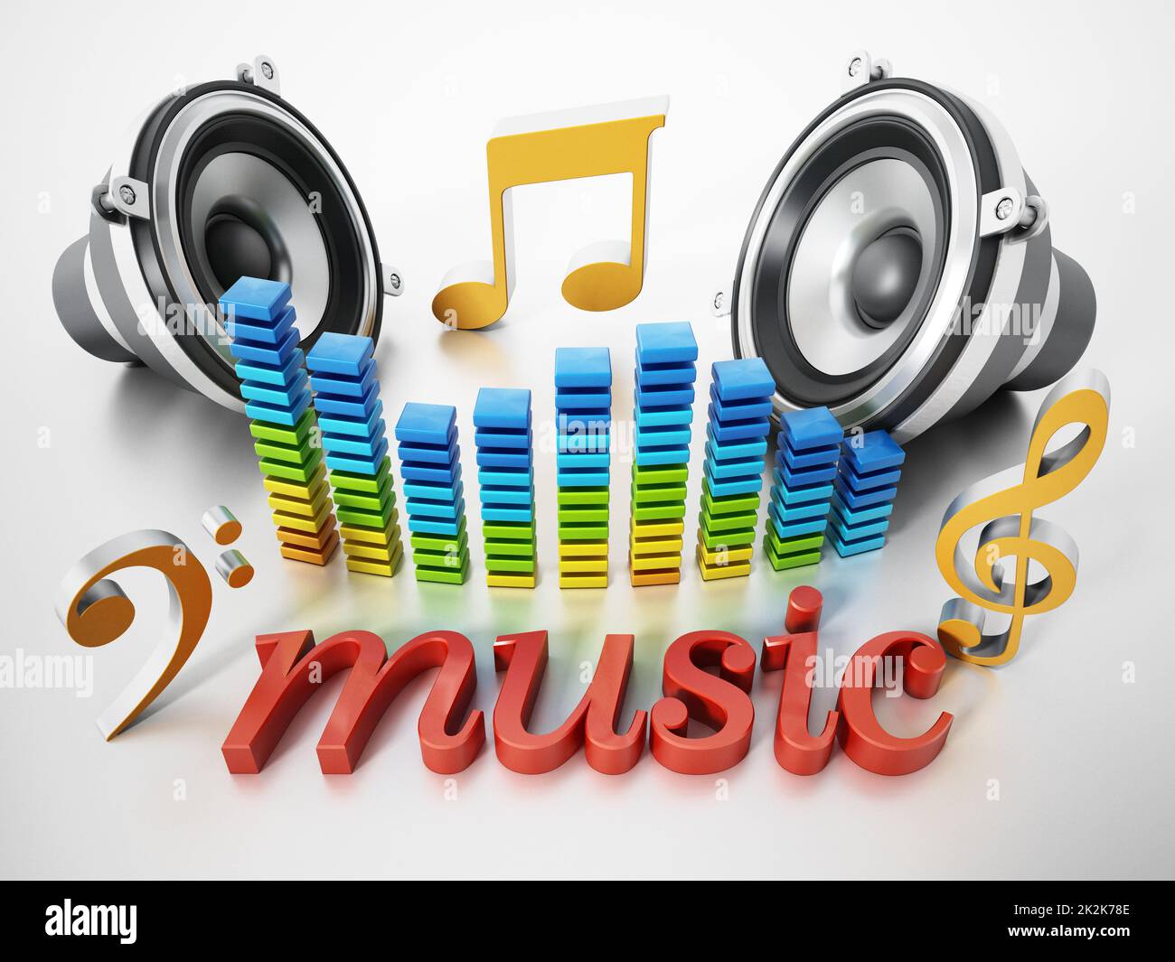 Music word, speakers, music notes and equalizer. 3D illustration Stock