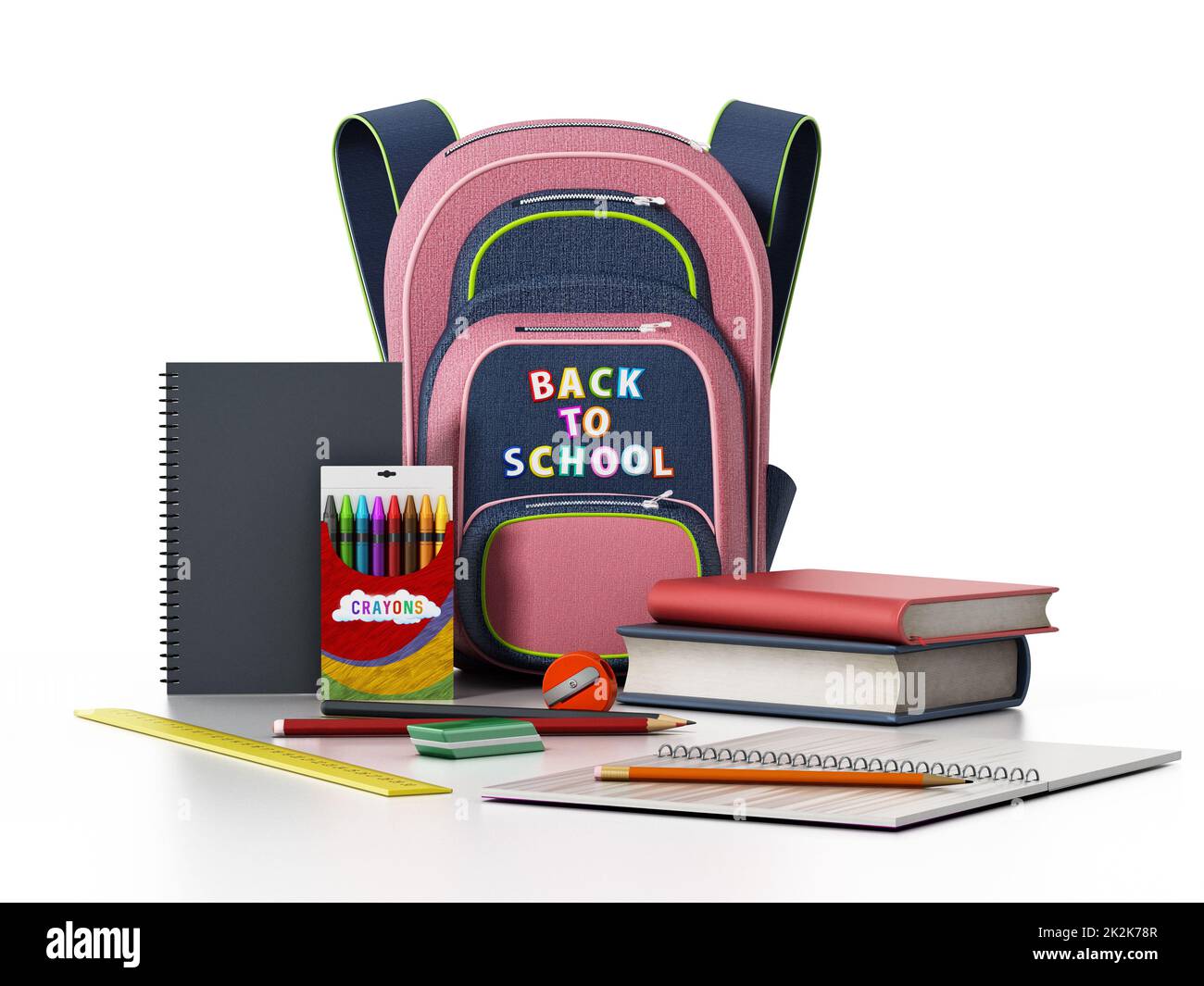 School backpack and objects isolated on white background. 3D illustration Stock Photo
