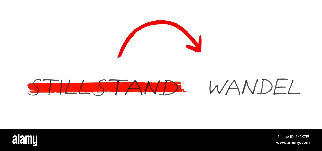 Standstill and Change german Handwritten text with arrow Stock Photo