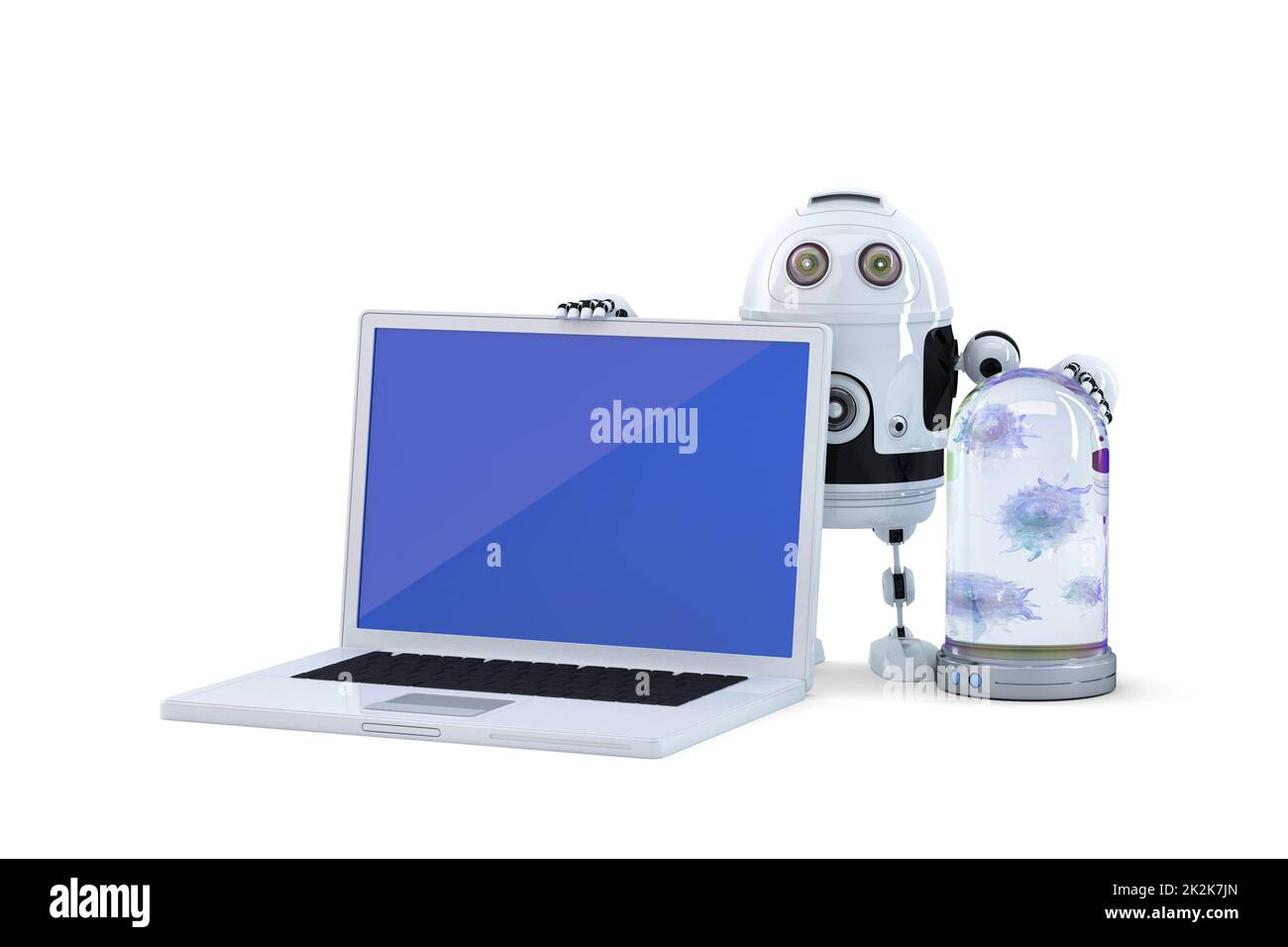 Robot with laptop. Computer security concept Stock Photo