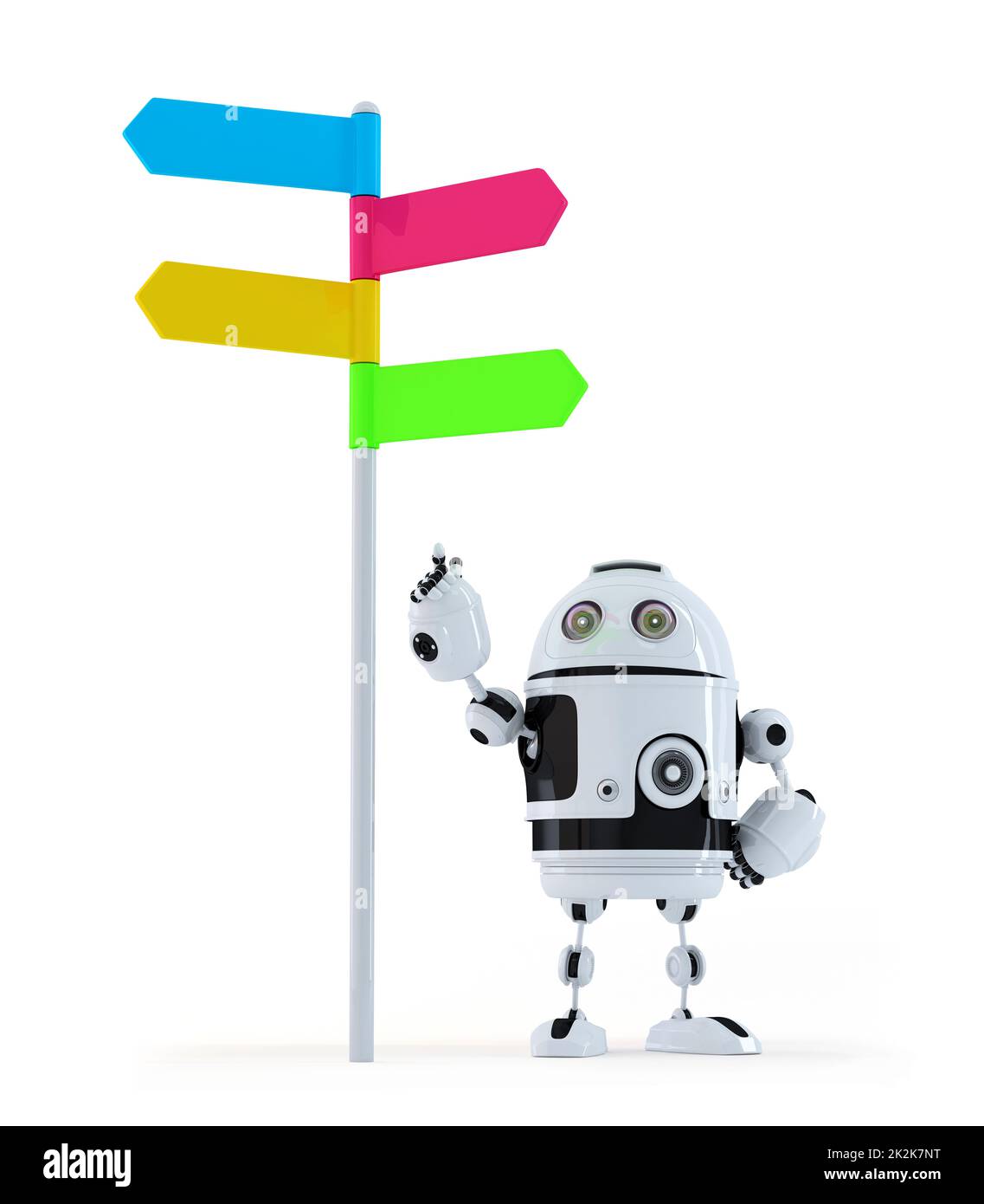 Robot pointing at road sign Stock Photo