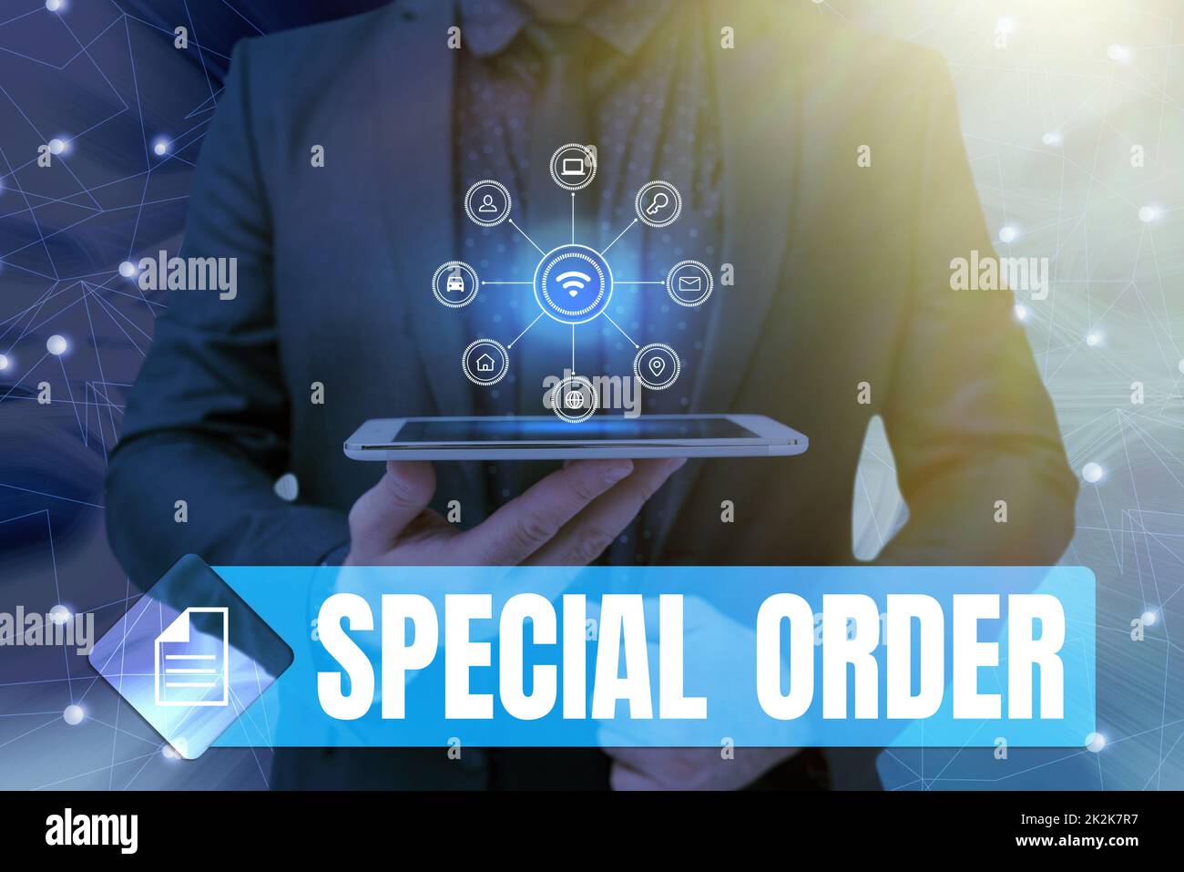 Inspiration showing sign Special Order. Business idea Specific Item Requested a Routine Memo by Military Headquarters Man holding Screen Of Mobile Phone Showing The Futuristic Technology. Stock Photo