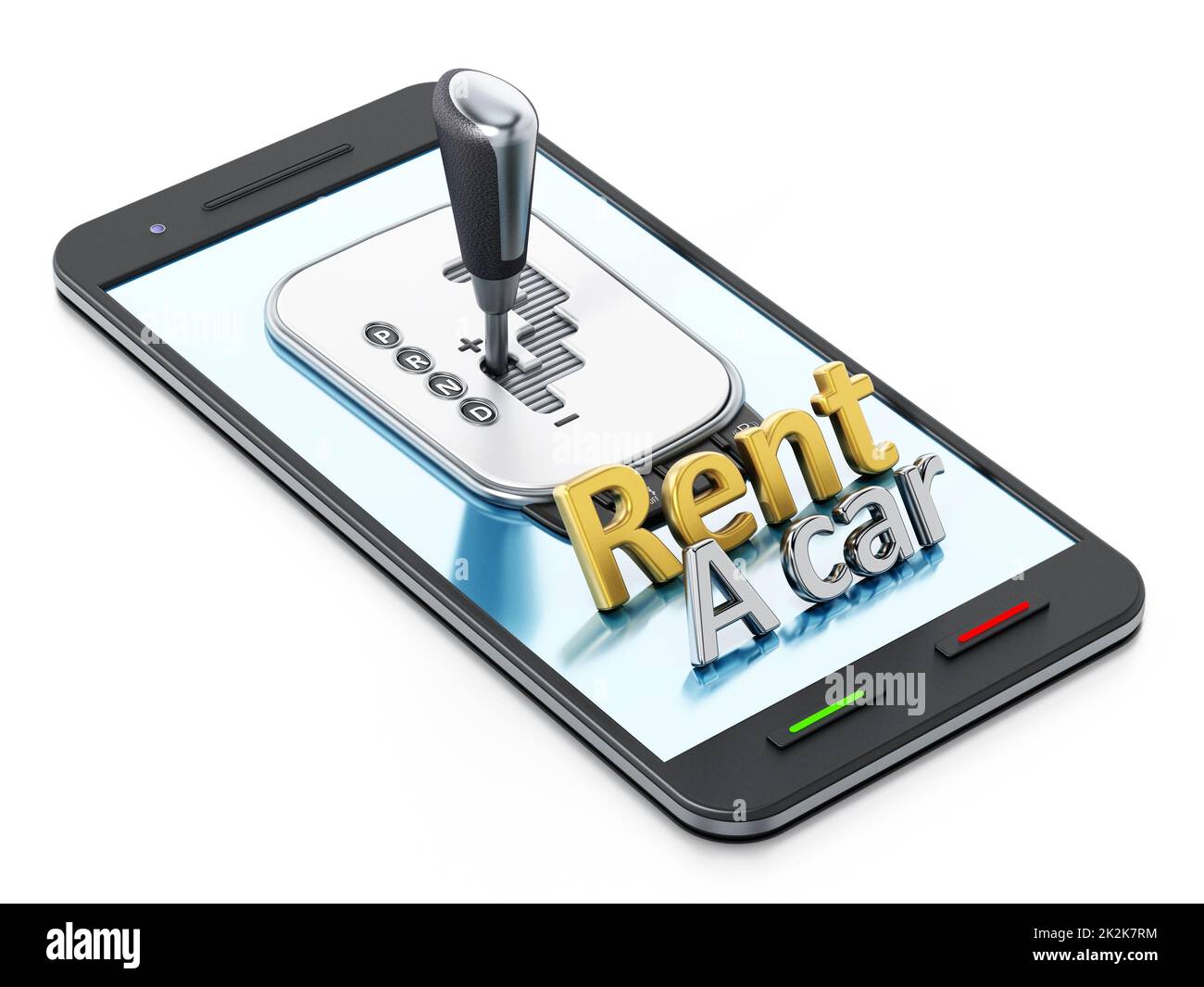 Car transmission and rent a car text standing on smartphone. 3D ...