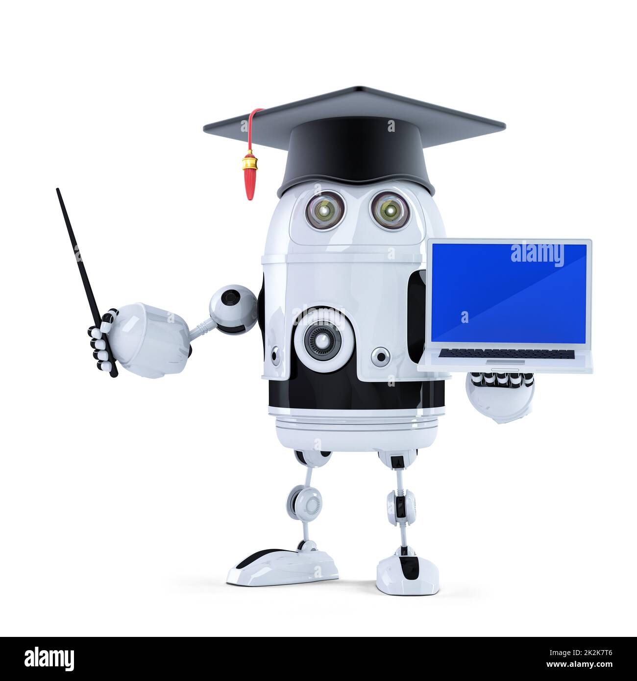 Student robot with pointer and laptop. Isolated Stock Photo