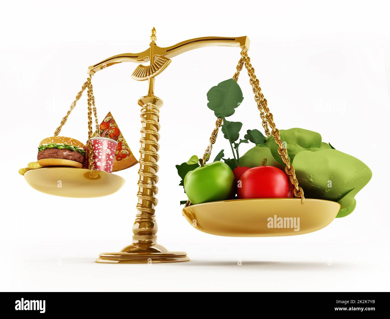 Healthy food and junk food in scales of a balanced scale. 3D
