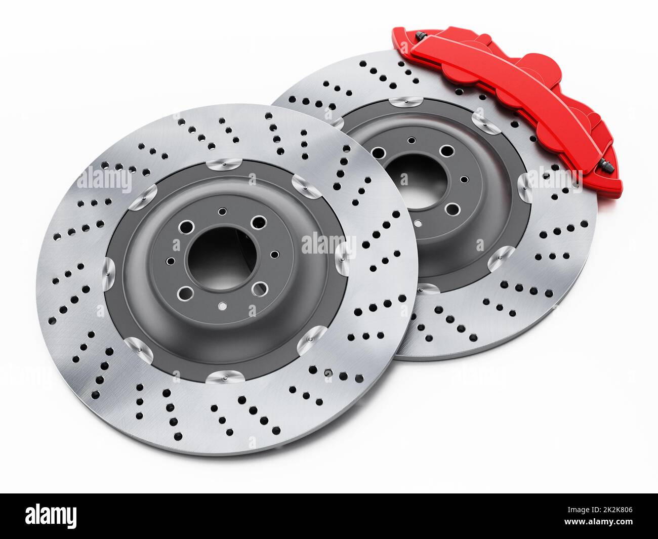 Car brake discs and red calipers isolated on white background. 3D