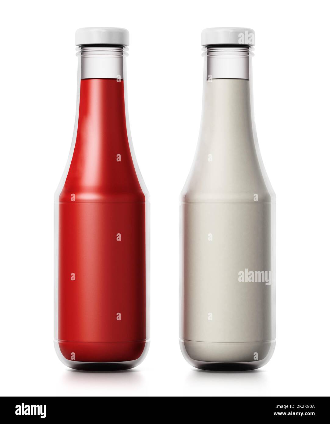 Ketchup and mayonnaise bottles isolated on white background. 3D