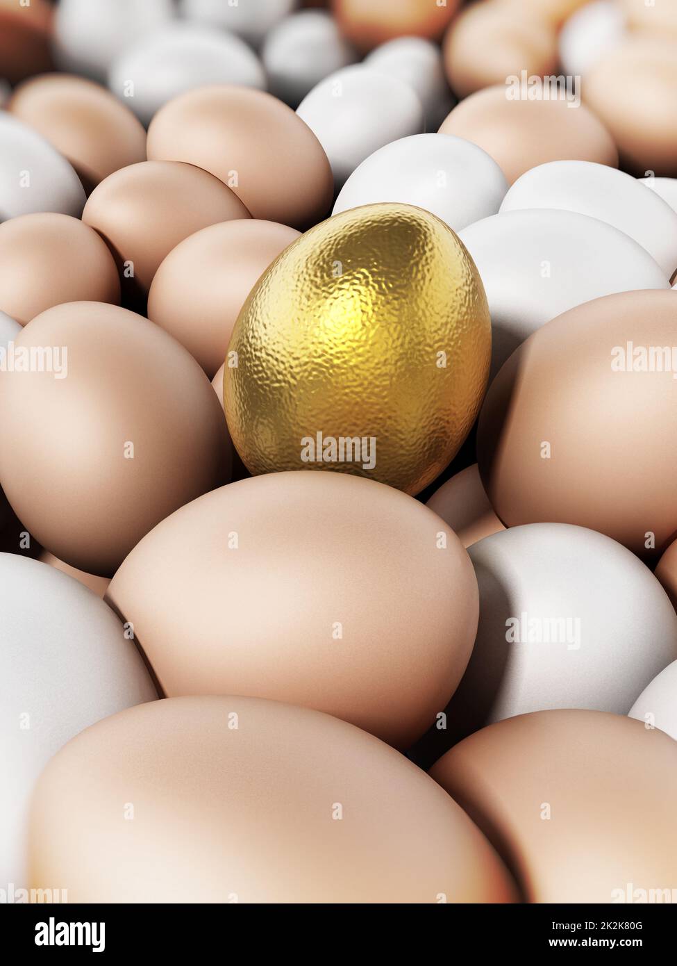 Golden egg standing out among brown and white eggs. 3D illustration Stock Photo