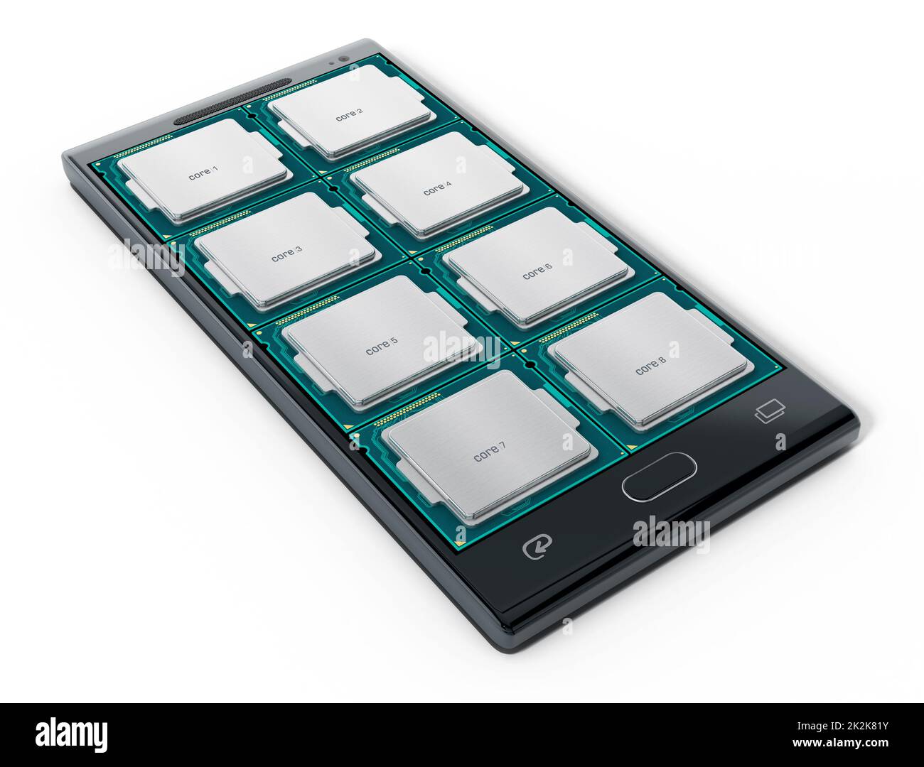 Eight microprocessor cores on smartphone. 3D illustration Stock Photo