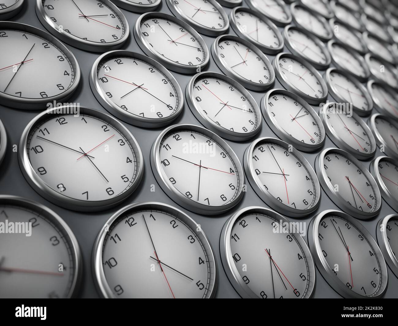 Modern wall clocks showing different time zones of world cities. 3D