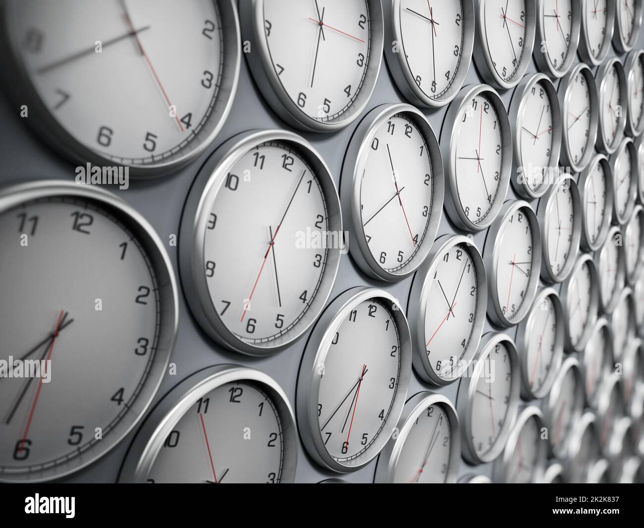 Modern wall clocks showing different time zones of world cities 3d