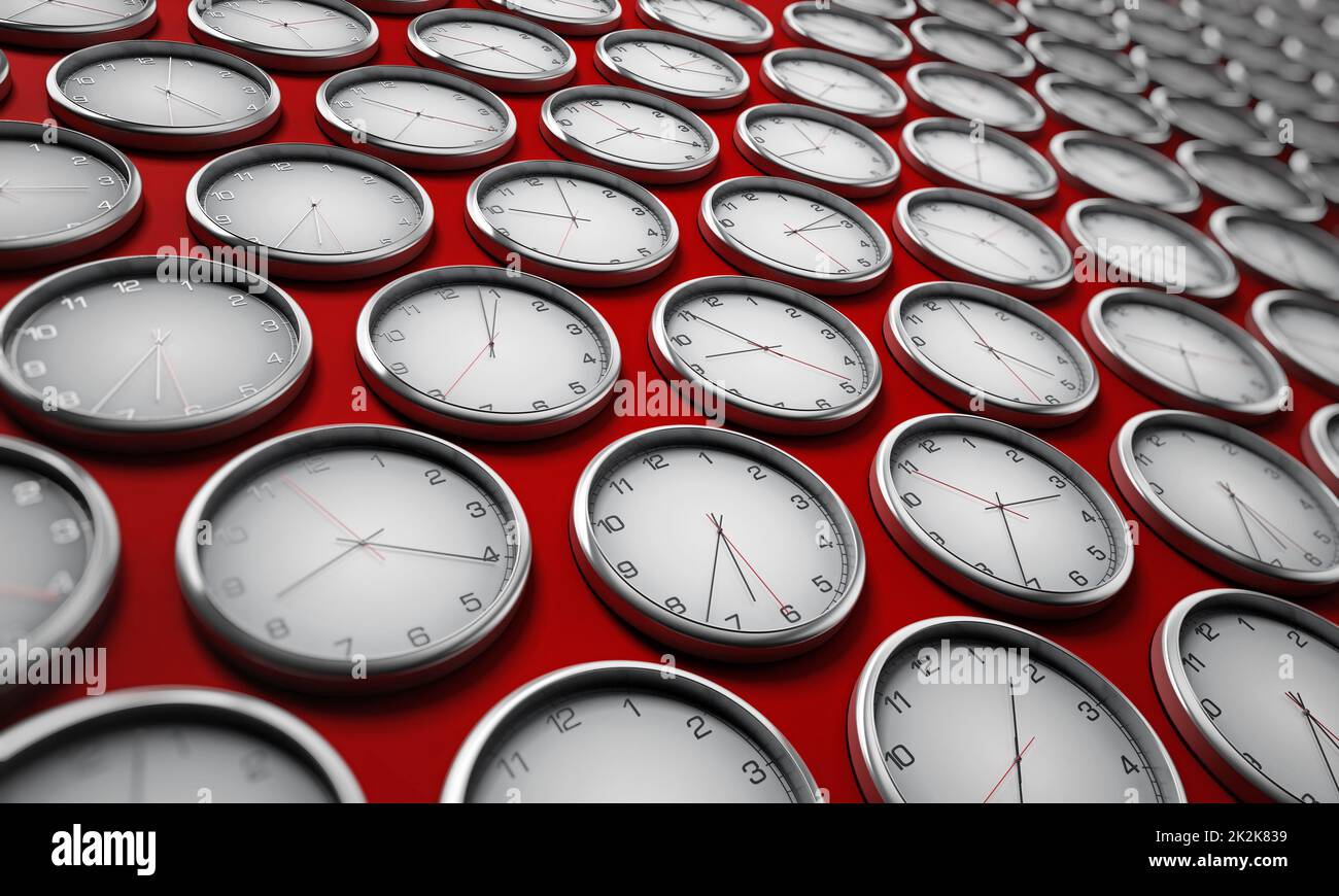 Modern wall clocks showing different time zones of world cities. 3D