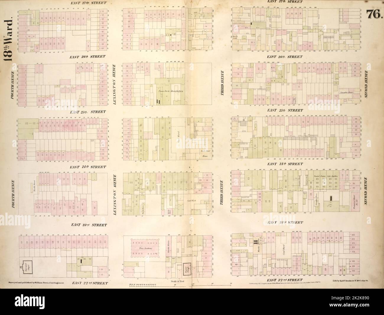 Cartographic, Maps. 1854. Lionel Pincus and Princess Firyal Map Division. Manhattan (New York, N.Y.), Real property , New York (State) , New York, Fire insurance Plate 76: Map bounded by East 27th Street, Second Avenue, East 22nd Street, Fourth Avenue Stock Photo