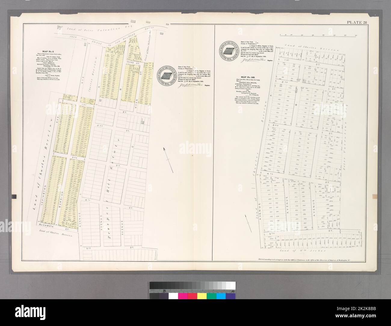 Cartographic, Maps. 1888 - 1897. Lionel Pincus and Princess Firyal Map Division. Bronx (New York, N.Y.) Plate 28: Map No. 8 Bounded by Road from Highbridge to the Railroad Depot, Ryer Street, Avenue C, 5th Street, Lexingtom Avenue, 1st Street and Berrian Avenue. - Ma No. 188: Bounded by 1st Street, Avenue C, 5th Street and Avenue A. Stock Photo