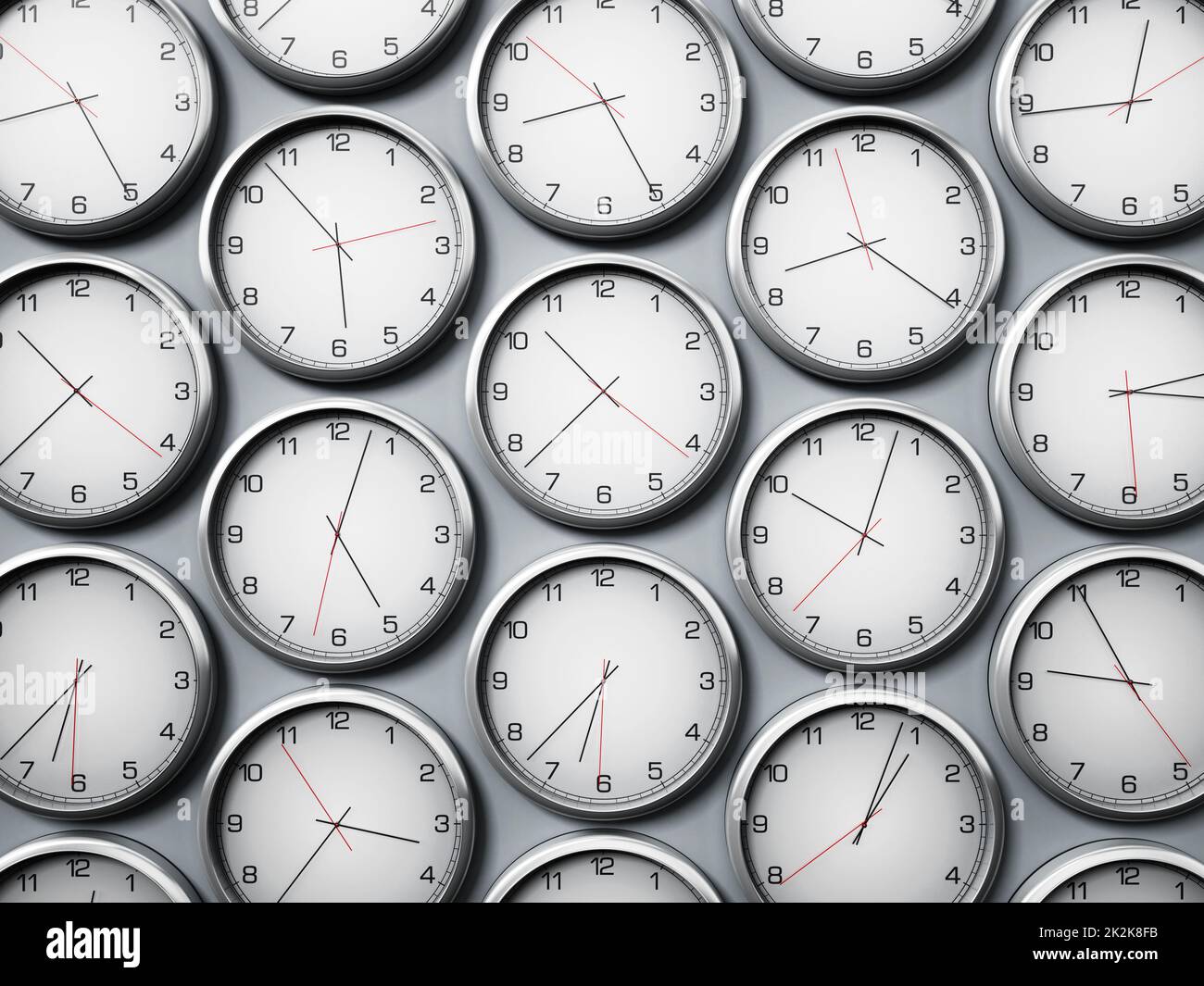 Modern wall clocks showing different time zones of world cities. 3D illustration Stock Photo Alamy