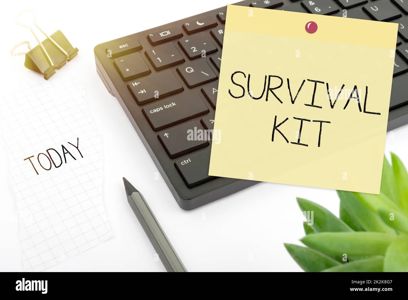 Text sign showing Survival Kit. Internet Concept Emergency Equipment Collection of items to help someone Computer Keyboard And Symbol.Information Medium For Communication. Stock Photo