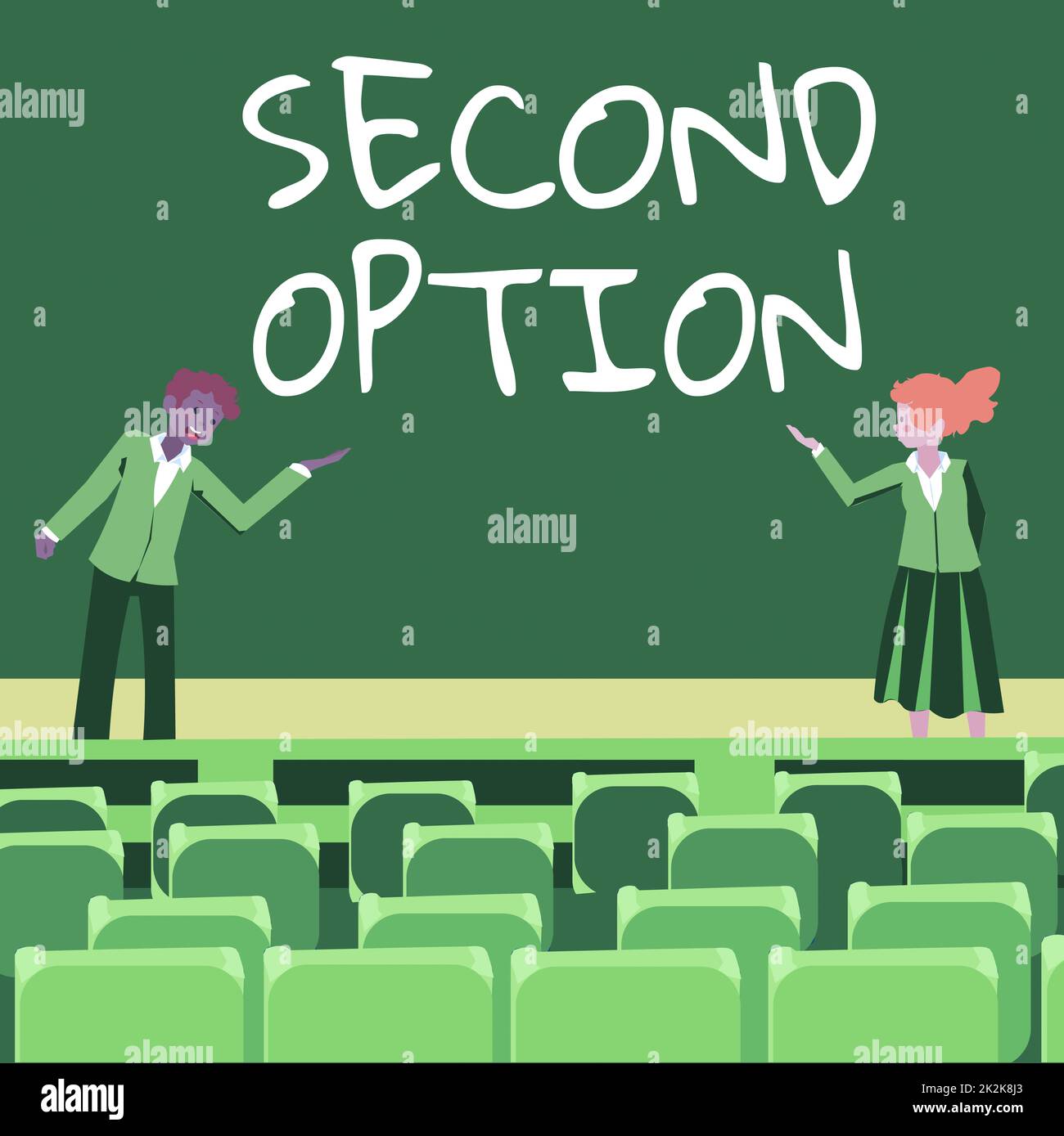Writing displaying text Second Option. Business idea Next Fiddle Not a priority Next Alternative Opportunity Male and female colleagues doing presentation on stage with hand gestures. Stock Photo