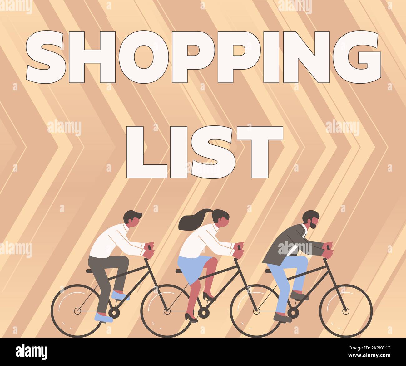 Hand writing sign Shopping List, Concept meaning Discipline approach to shopping Basic Items to Buy Three Colleagues Riding Bicycle Representing Succe Stock Photo