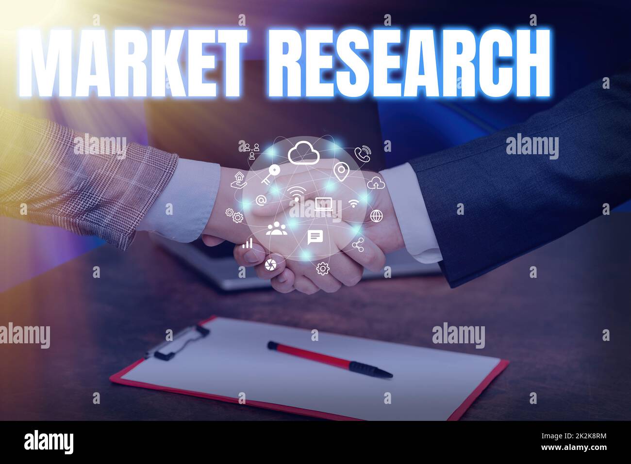 Conceptual display Market Research. Word for The acttion of gathering information about consumers Hands Shaking Signing Contract Unlocking New Futuristic Technologies. Stock Photo