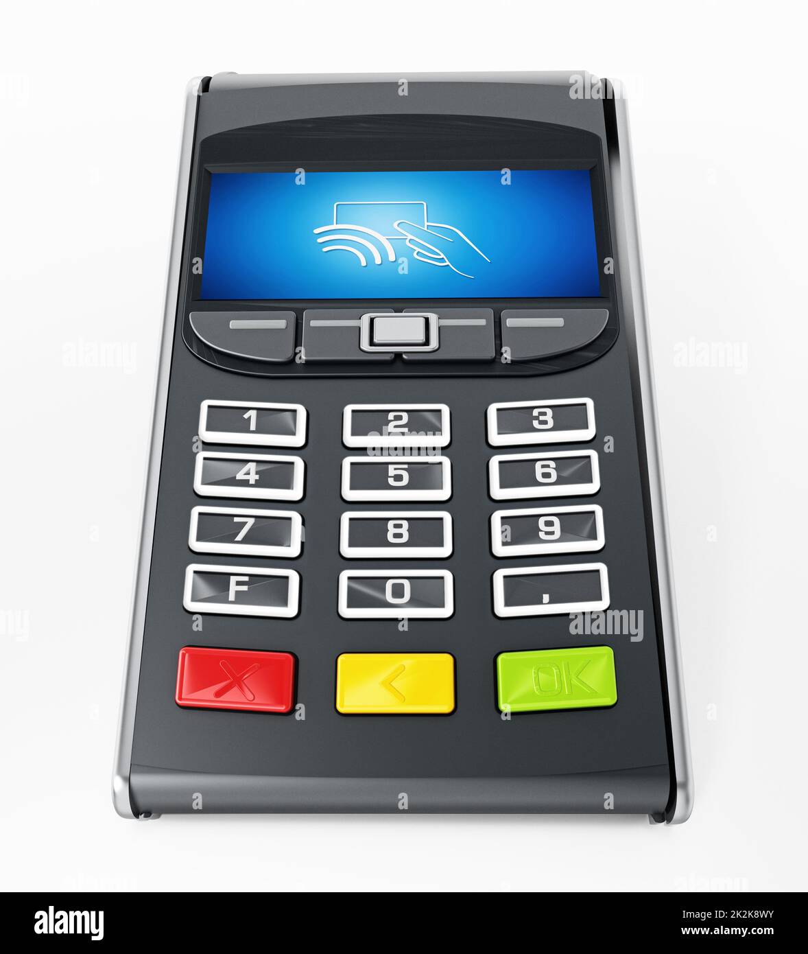 POS terminal with remote wireless symbol on the screen. 3D illustration Stock Photo