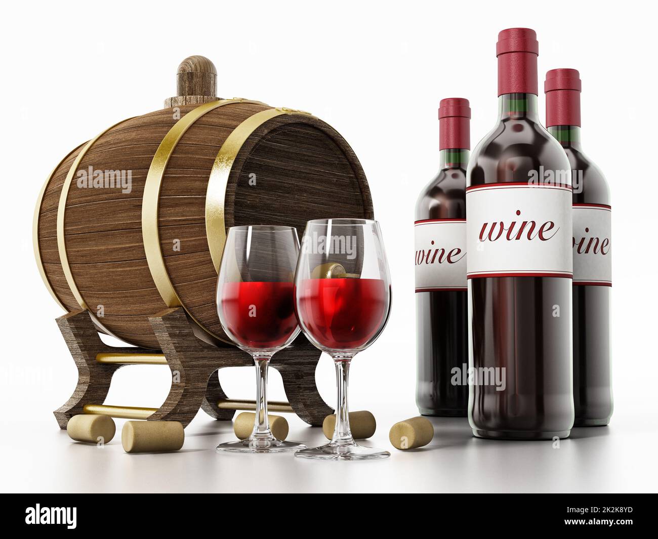 Wine bottles, corks, glasses and barrel. 3D illustration Stock Photo