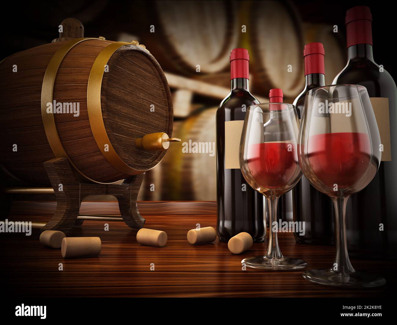 Wine bottle, corks, glasses and barrel. 3D illustration Stock Photo Alamy