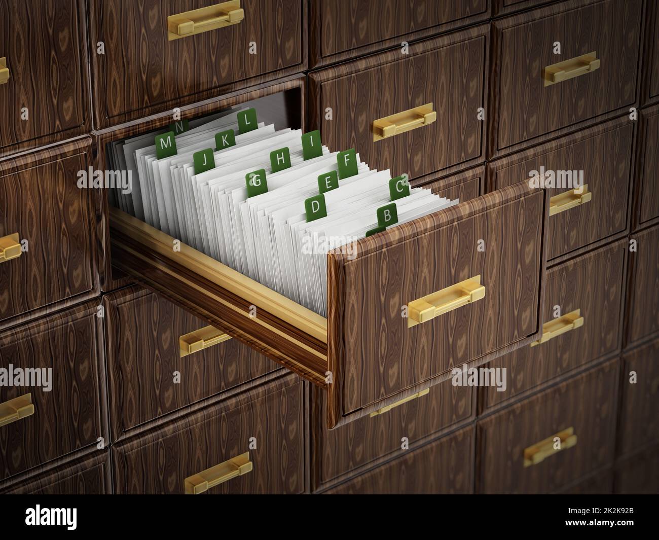 Library catalogue wooden drawer with letters. 3D illustration Stock Photo