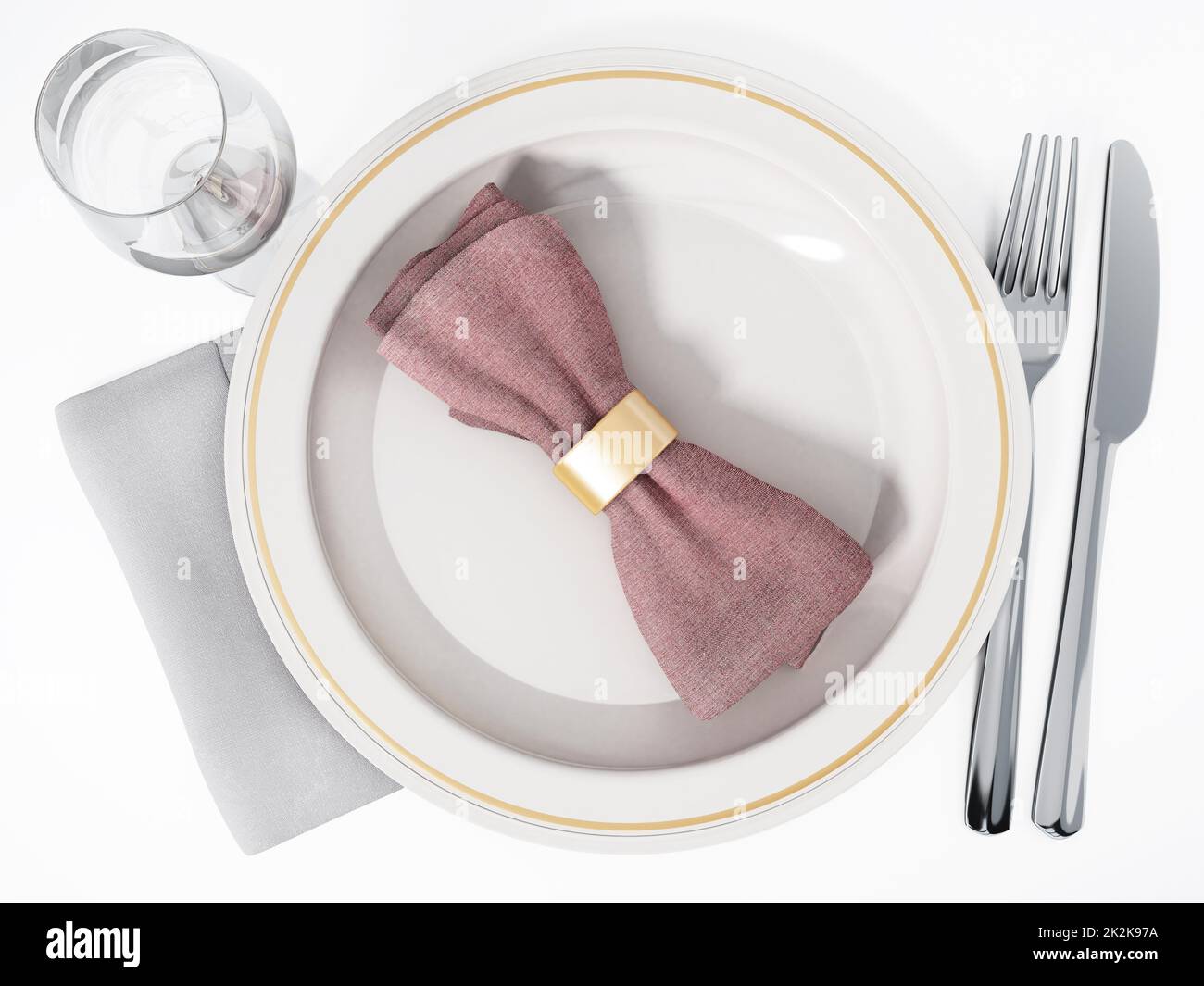 Serving plate, fork, knife, wine glass and napkin. 3D illustration